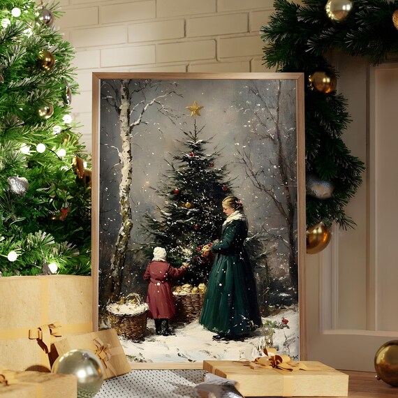 Mother and Child Decorating Christmas Tree Snowy Vintage Art Poster