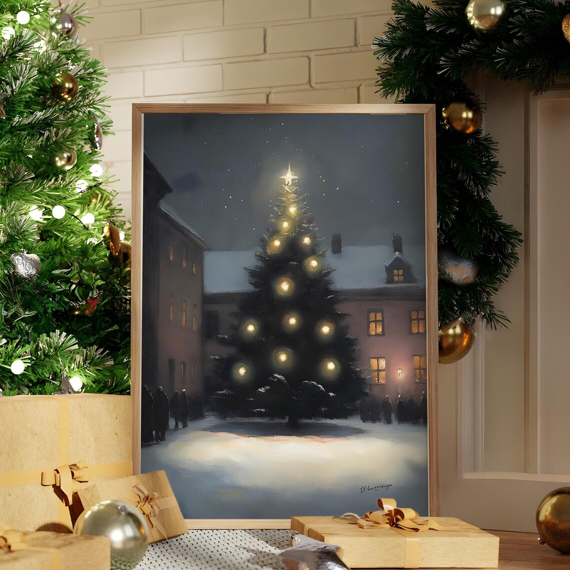 Village Christmas Tree Night Snowfall Vintage Painting Poster