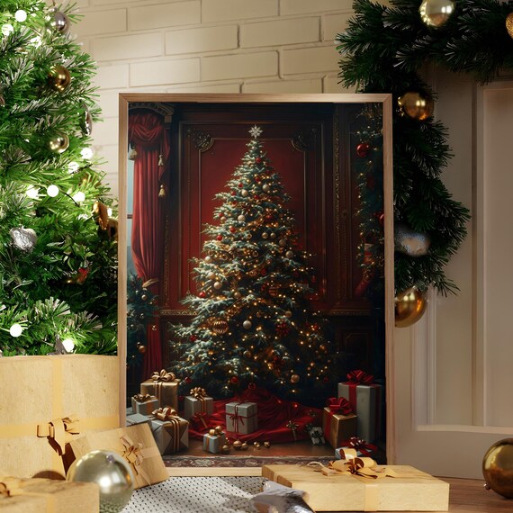 Christmas Tree In Elegant Red Room With Gifts Vintage Holiday Poster