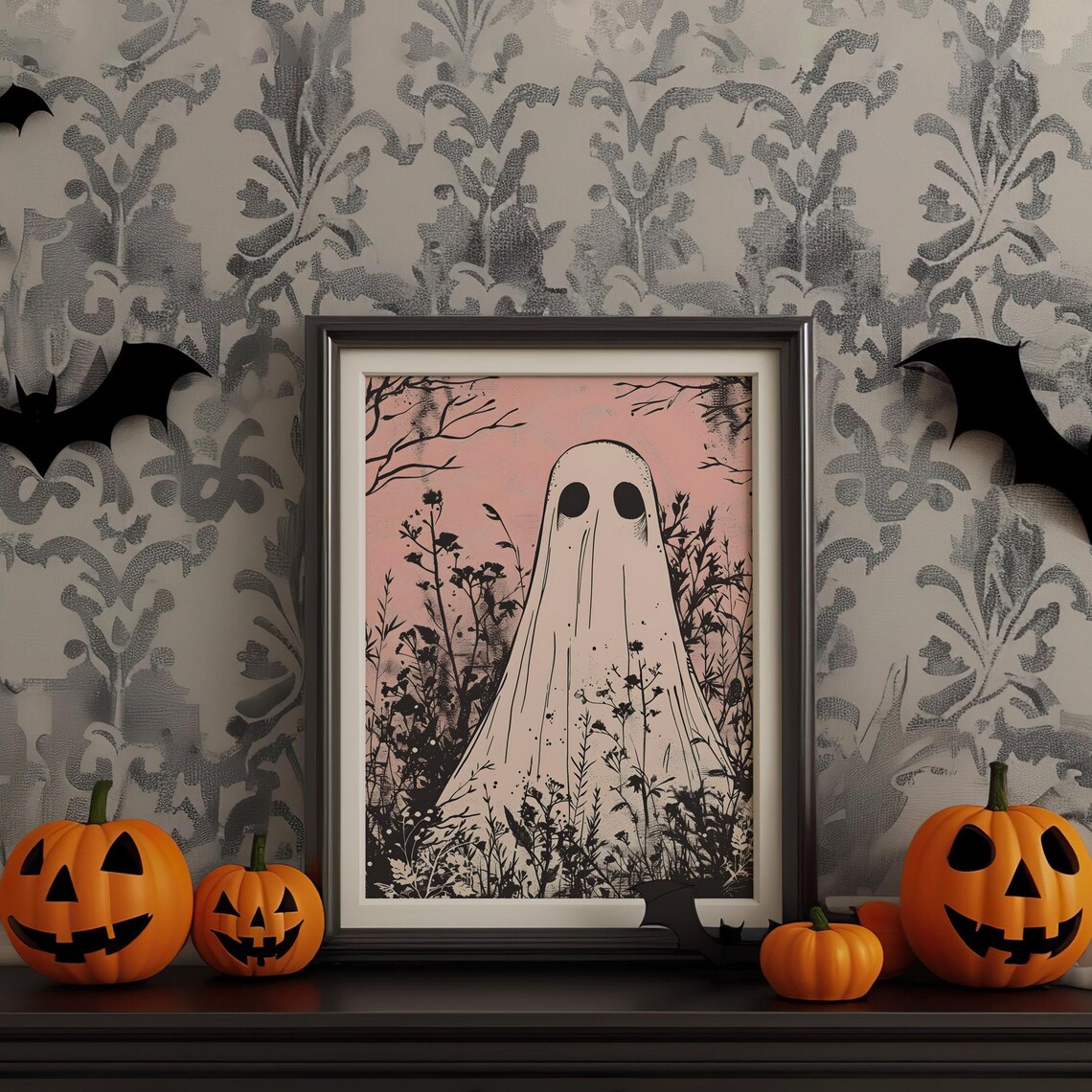 Cute Pink Ghost Among Black Wildflowers Vintage Halloween Poster