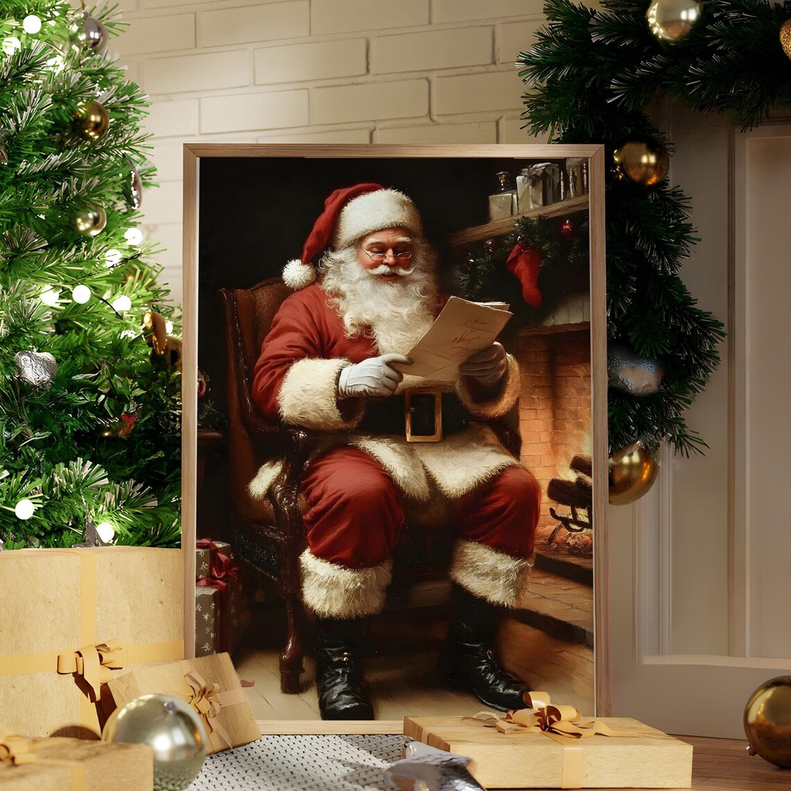 Santa Claus Reading Letters by Fireplace Vintage Christmas Poster