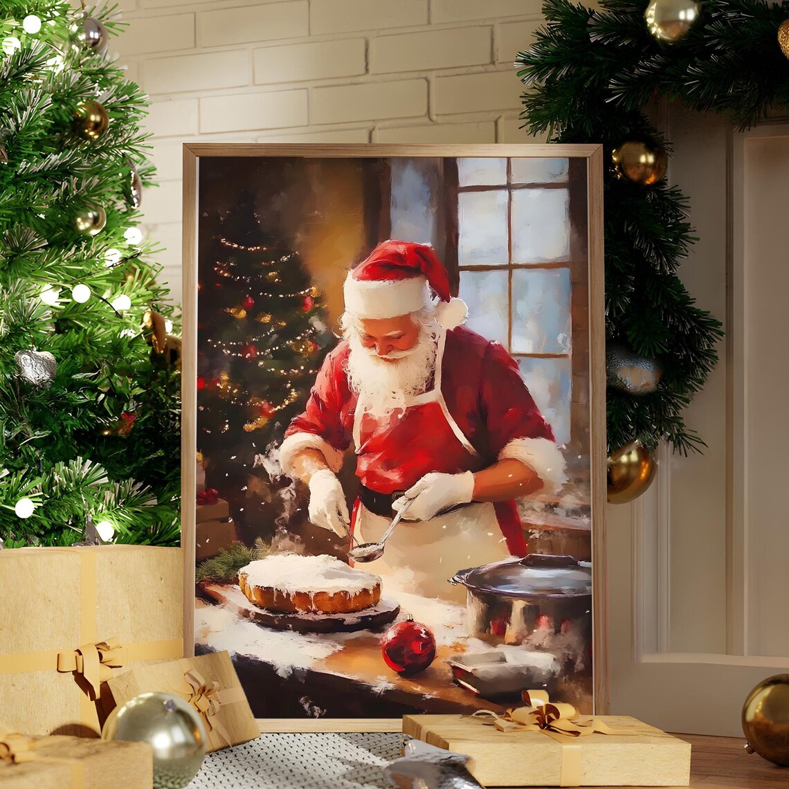 Santa Claus Baking Christmas Cake Vintage Holiday Kitchen Art Poster