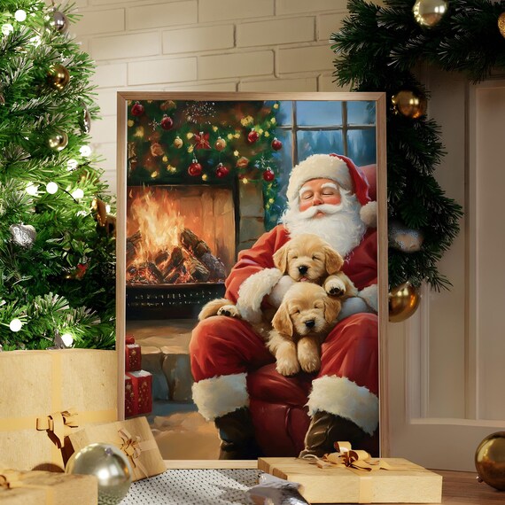 Santa Claus With Golden Puppies By Fireplace Christmas Poster