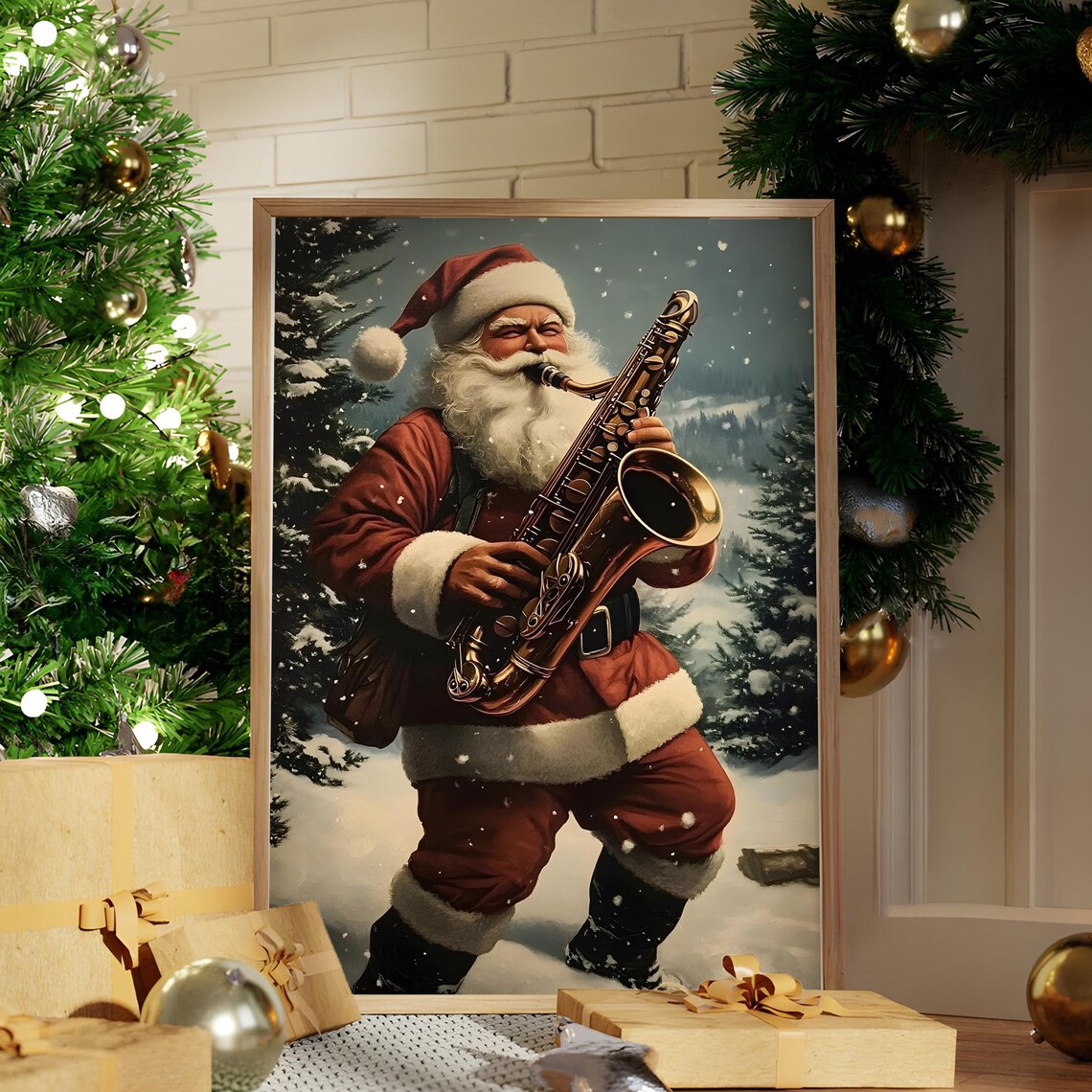 Santa Playing Saxophone In Falling Snow Jazz Christmas Art Poster