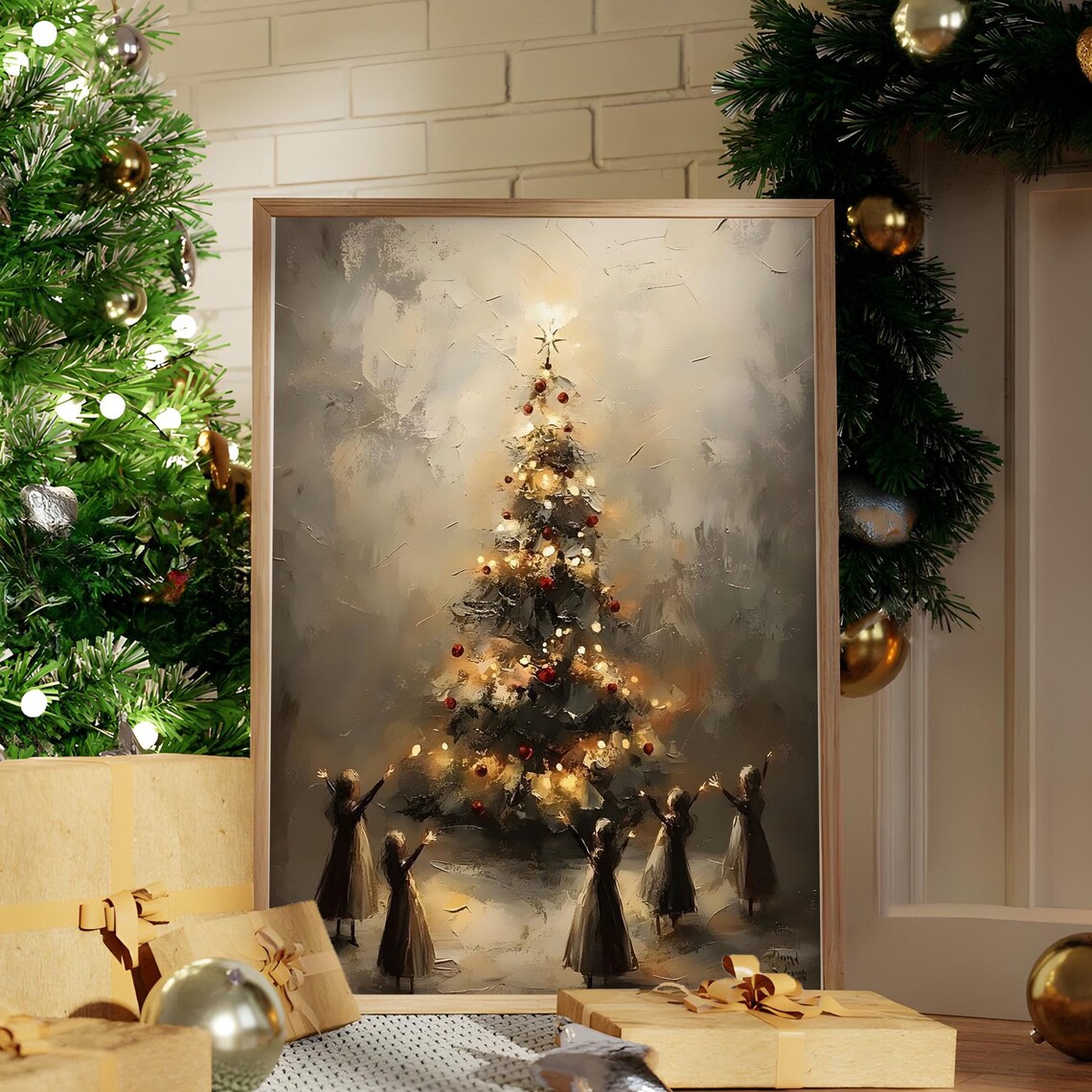 Children Around A Lit Christmas Tree Vintage Holiday Scene Art Poster