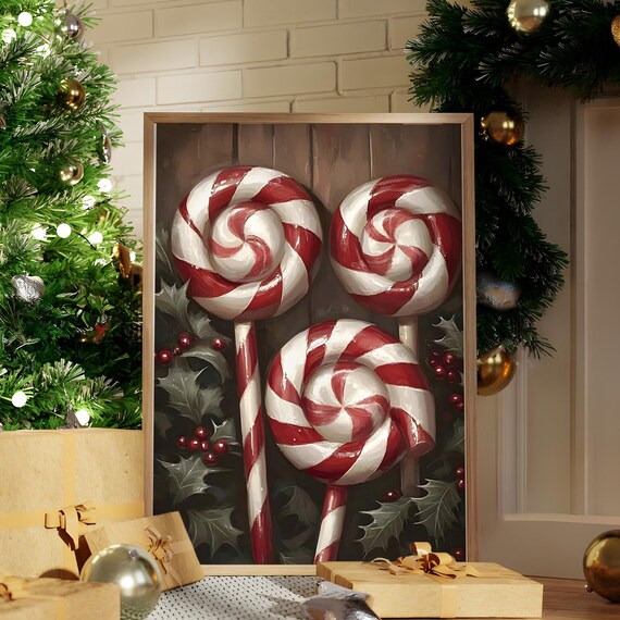 Peppermint Lollipops With Holly Vintage Christmas Candy Poster