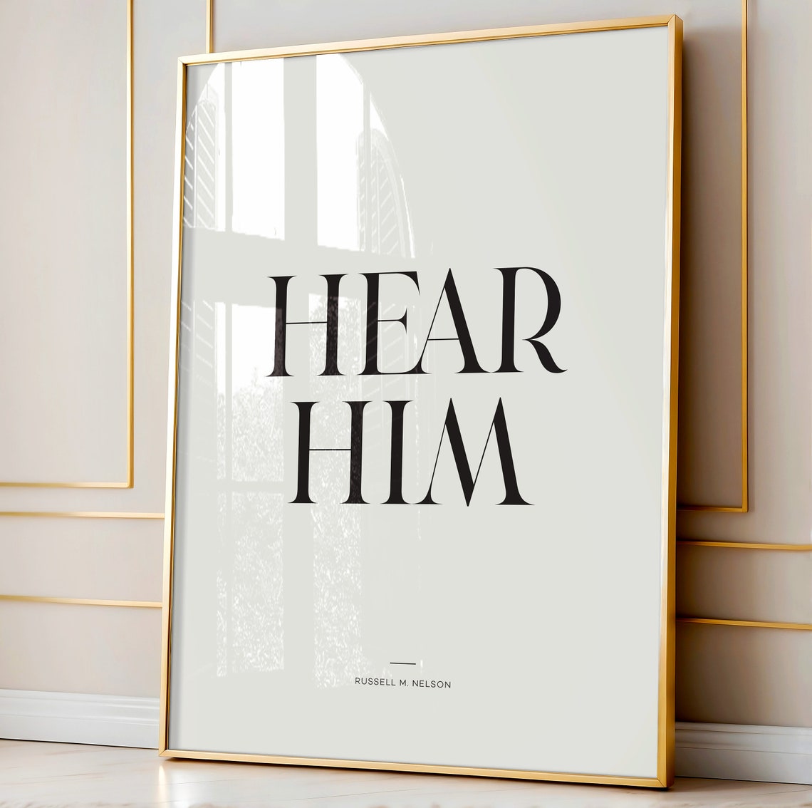 Hear Him Elegant Thin Serif Russell M Nelson Faith Quote Poster
