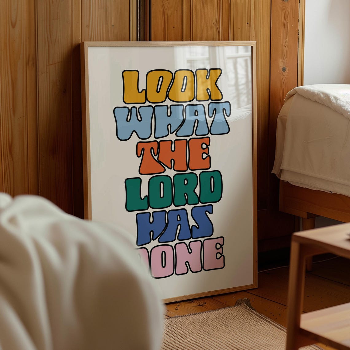 Look What The Lord Has Done Print Retro Christian Print Trendy Christian Wall Art Bible Verse Scripture Retro Typography Print Poster