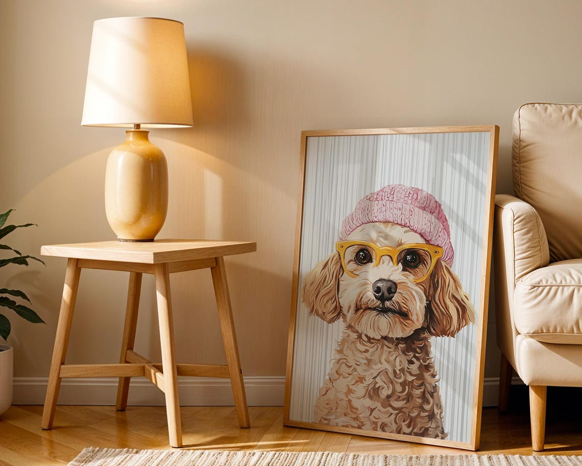 Cavapoo in Pink Knit Beanie and Yellow Glasses Dog Art Poster - Image 3