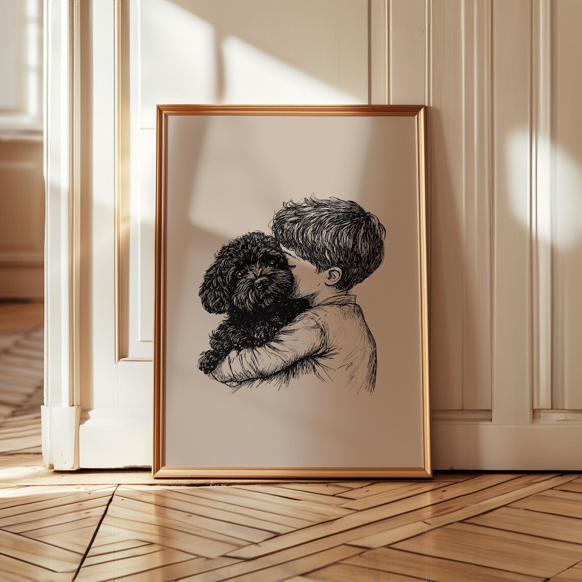 Boy Kissing Poodle Puppy Heartwarming Ink Sketch Dog Art Poster - Image 3