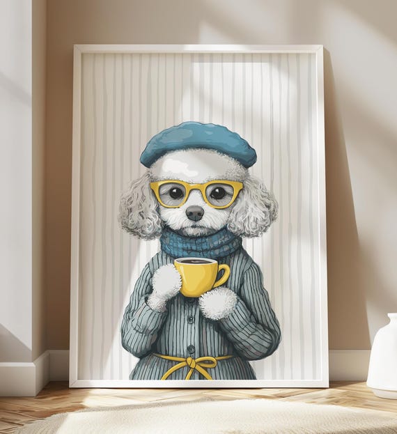 Funny Poodle Sipping Coffee Dog Pet Art Wall Decor Puppy Portrait Painting Kitchen Poster Print Illustration Retro Drawing