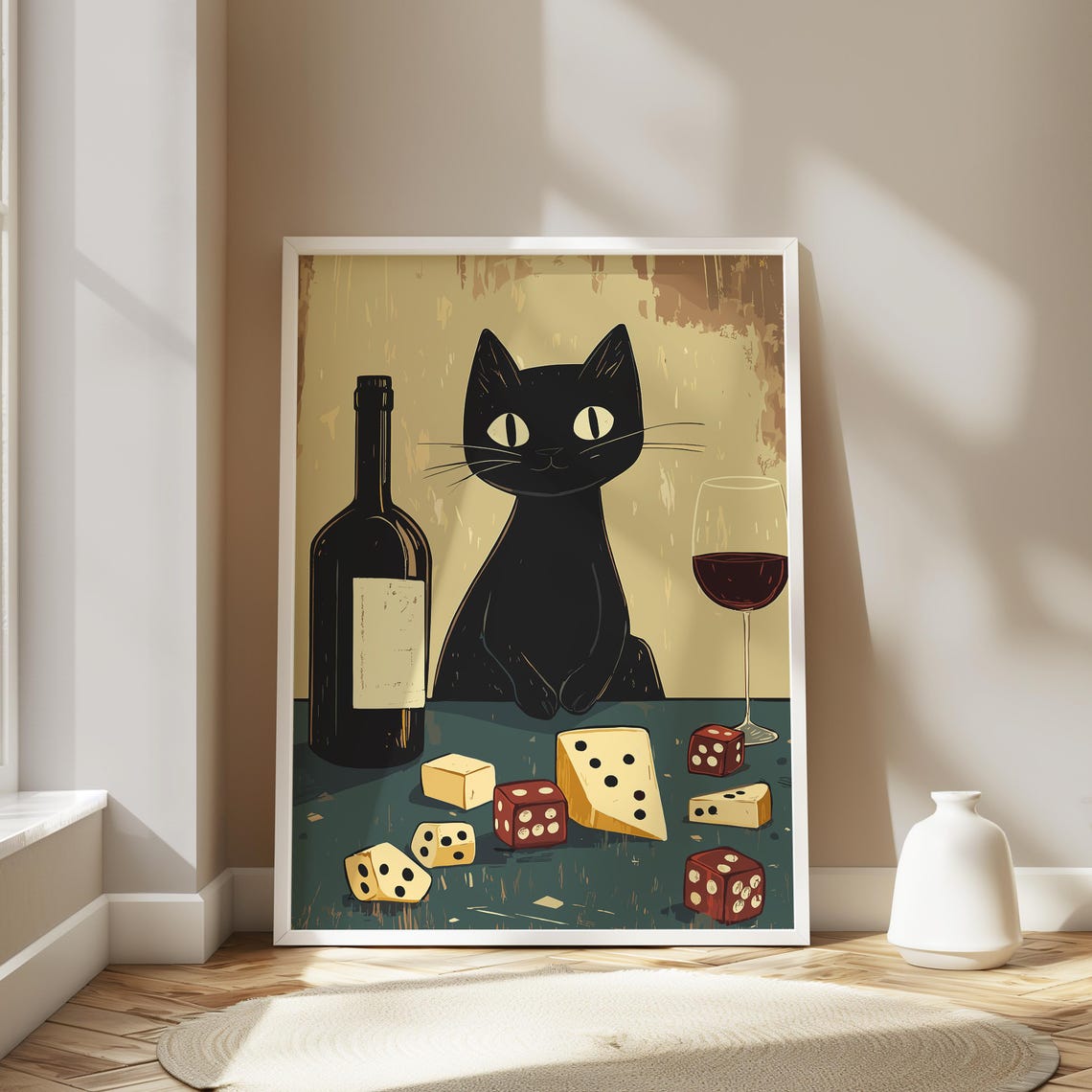 Black Cat With Wine Cheese and Dice Retro Game Night Art Poster - Image 3