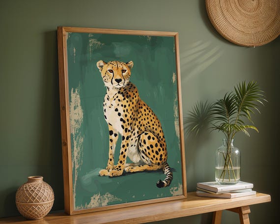 Wild Cheetah Wall Art Trendy Poster Leopard Print Decor Retro Vintage Drawing Animal
