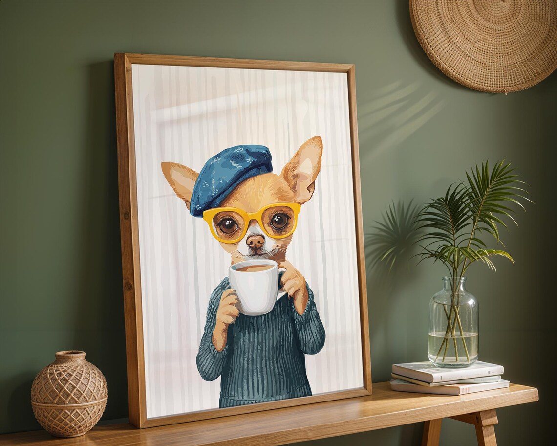 Chihuahua in a Blue Beret and Glasses With Coffee Mug Poster - Image 2