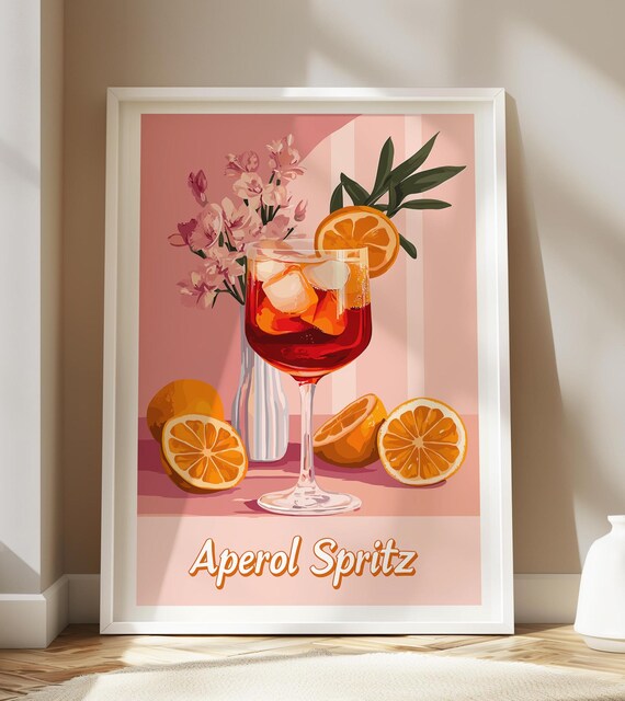 Aperol Spritz Wine Glass Fresh Oranges Pink Retro Bar Wall Poster