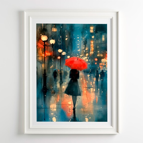 Woman With Red Umbrella Rainy City Street Night Watercolor Art Poster
