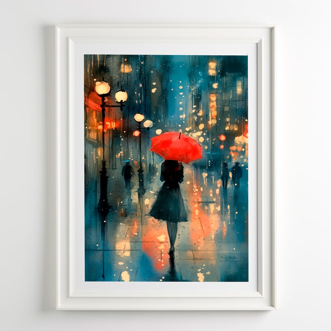 Woman With Red Umbrella Rainy City Street Night Watercolor Art Poster