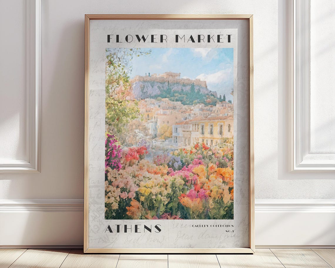 Athens Greece Flower Market Pastel Acropolis Travel Gallery Poster