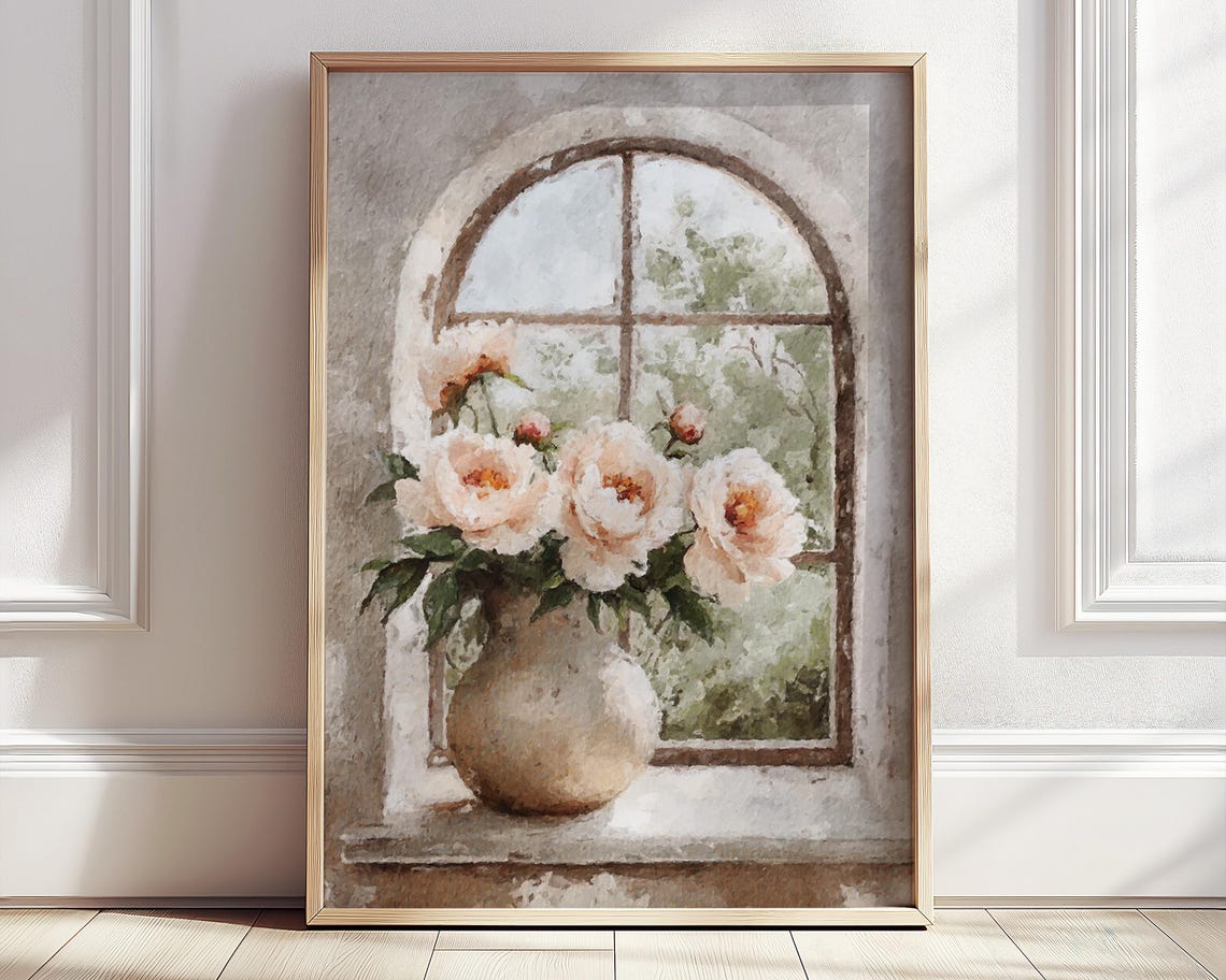Blush Peony Bouquet Rustic Arched Window Watercolor Art Poster