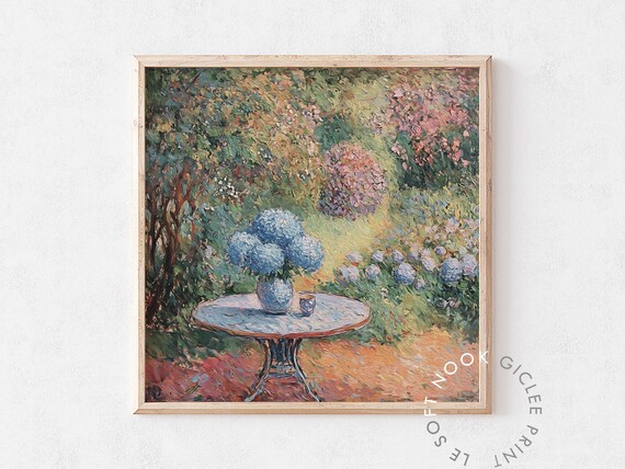 Blue Hydrangea Vase Garden Table Impressionist Floral Art Poster