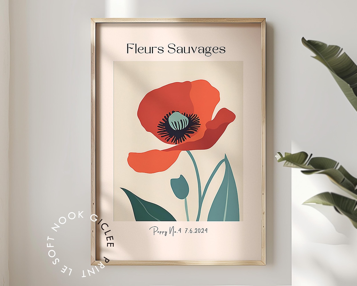 Single Red Poppy Fleurs Sauvages Cream Minimalist Flower Poster