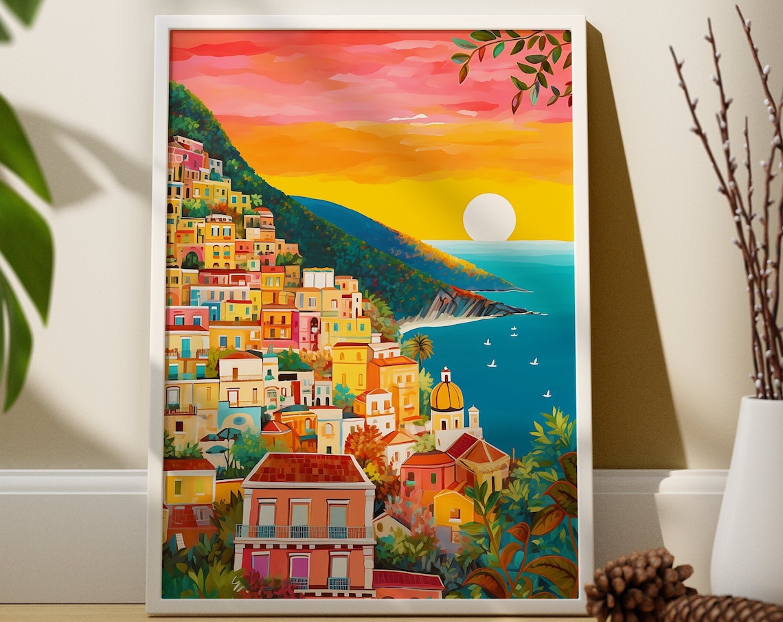 Positano Illustration Art Print, Amalfi Coast Sunset