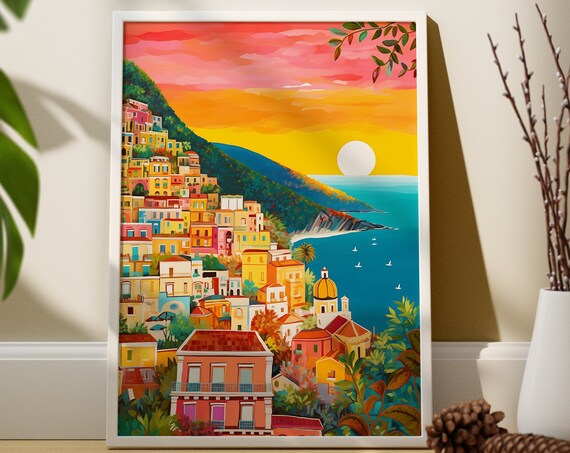 Positano Illustration Art Print, Amalfi Coast Sunset