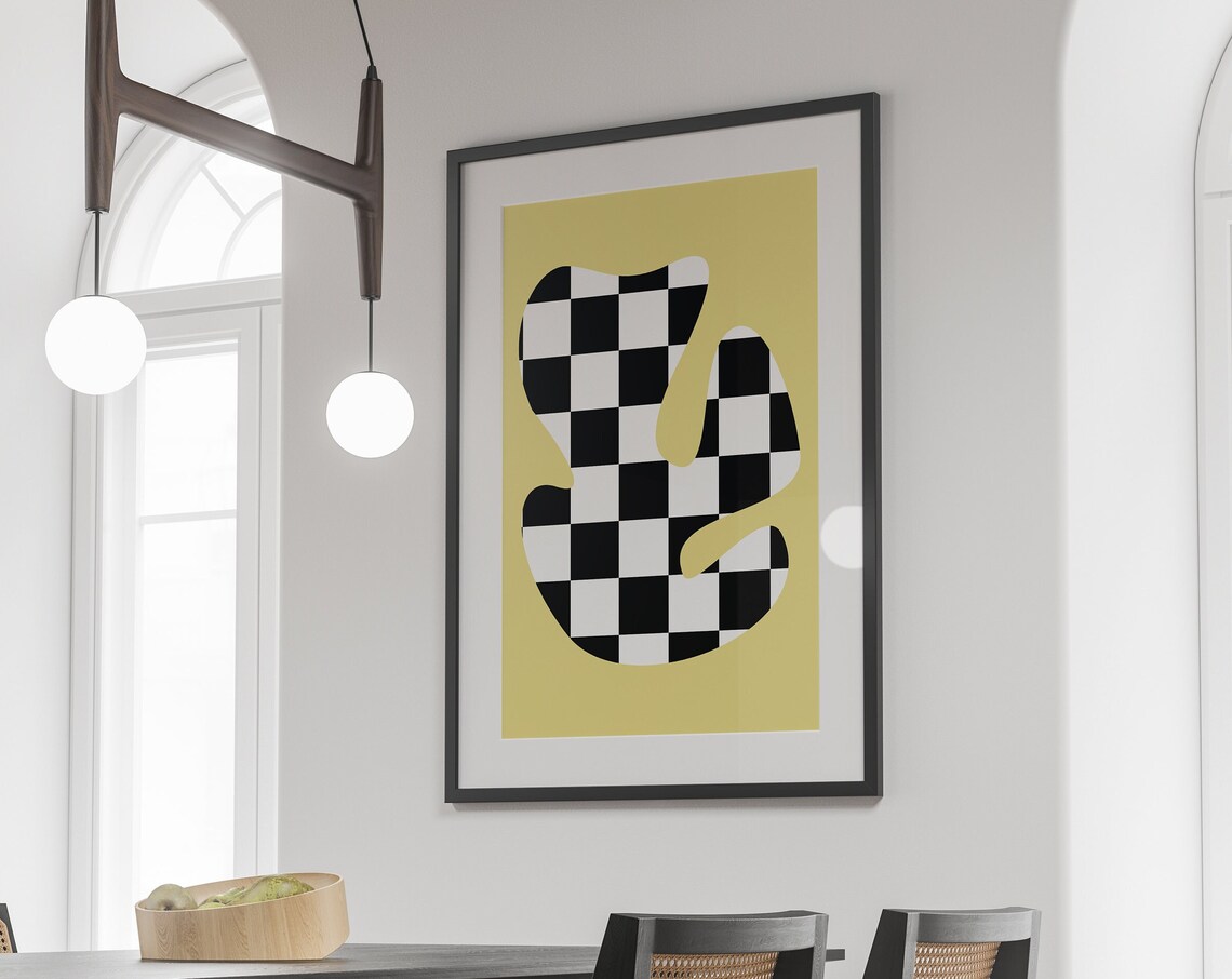 Yellow and Checkered Organic Shape Modern Abstract Art Poster