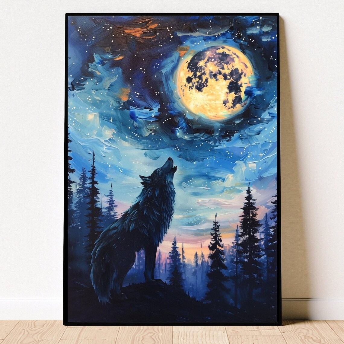 Black Wolf Full Moon Abstract Landscape Art Print