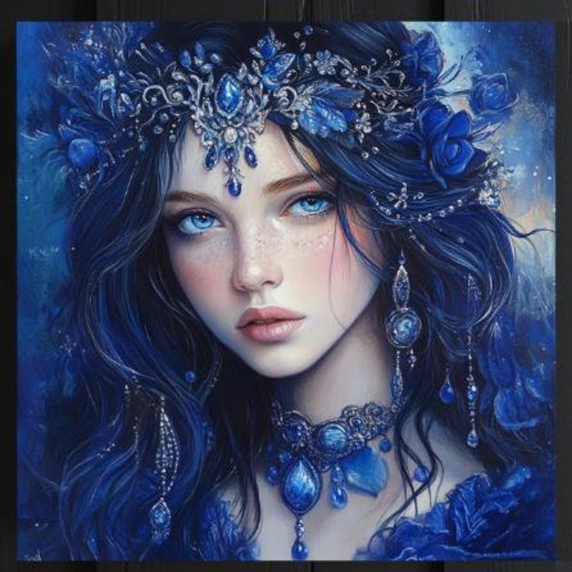 Sapphire Blue Goddess Crowned with Jewels Portrait Fantasy Art Poster