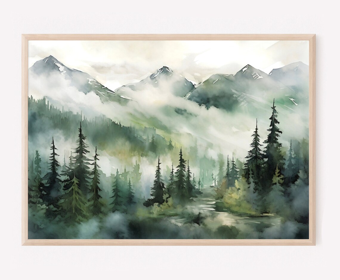 Foggy Forest Watercolor Alaska Landscape Art Print