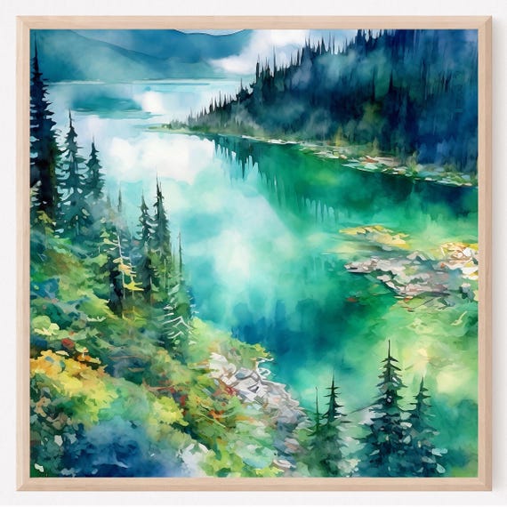 Mountain Lake Watercolor Print Blue Green Landscape Art