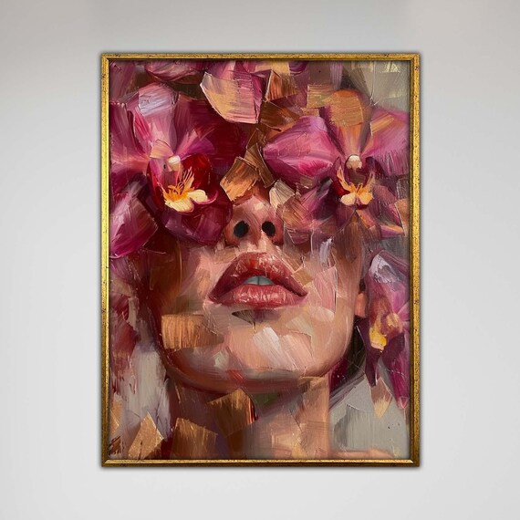 Woman Behind Pink Orchids Bold Floral Portrait Oil Painting Poster