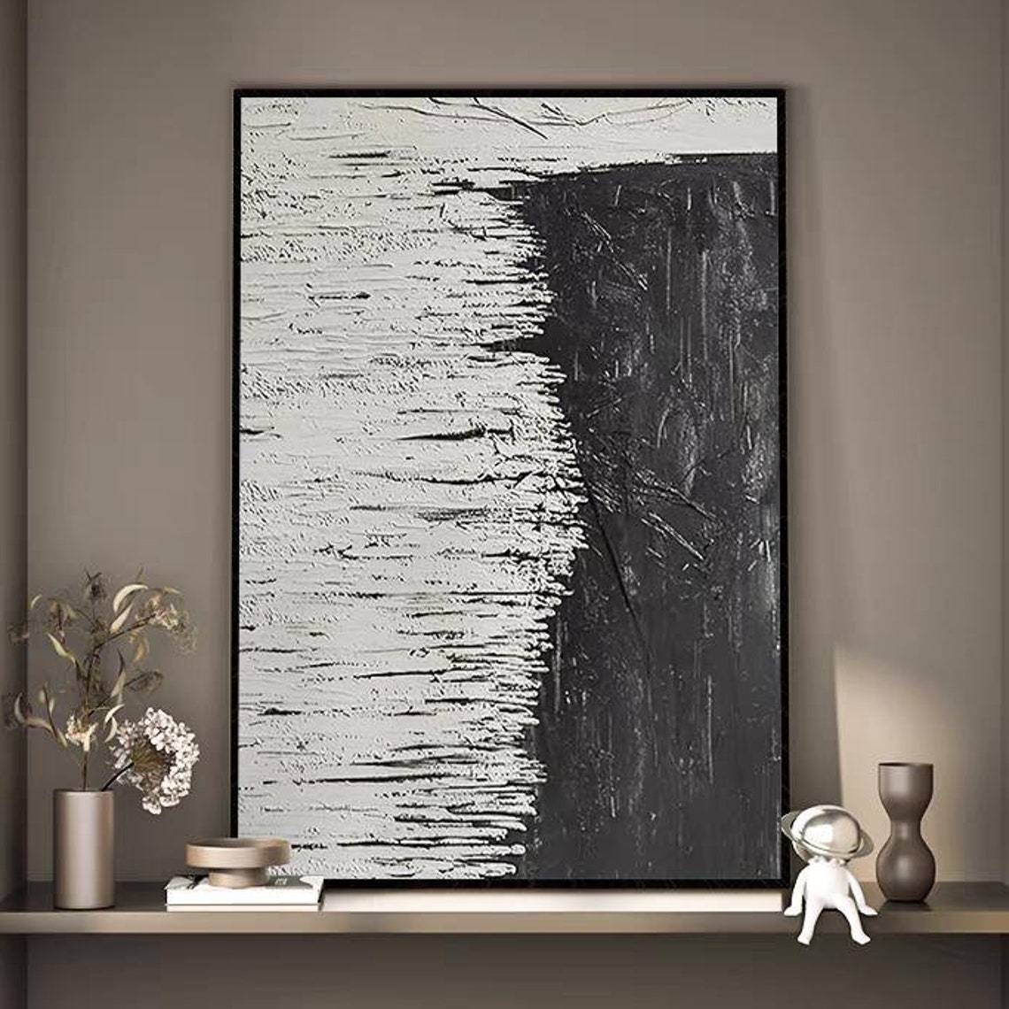 Black and White Split Half Textured Scratch Line Vertical Art Poster