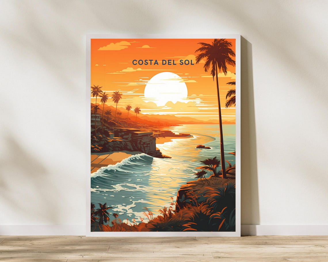 Costa Del Sol Spain Sunset Cliffs Beach Palms Travel Poster Decor