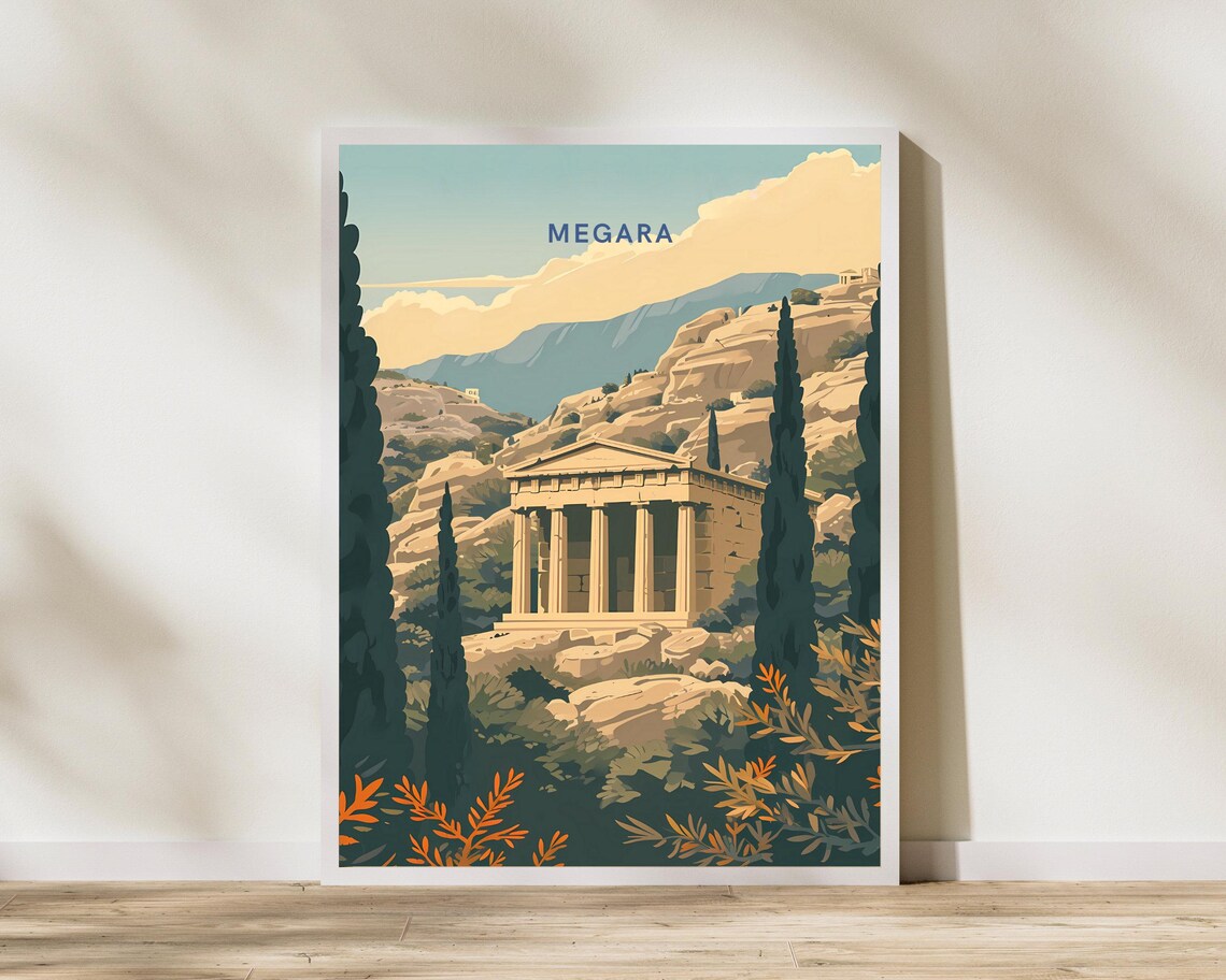 Megara Greece Ancient Temple on Rocky Hillside Illustration Poster