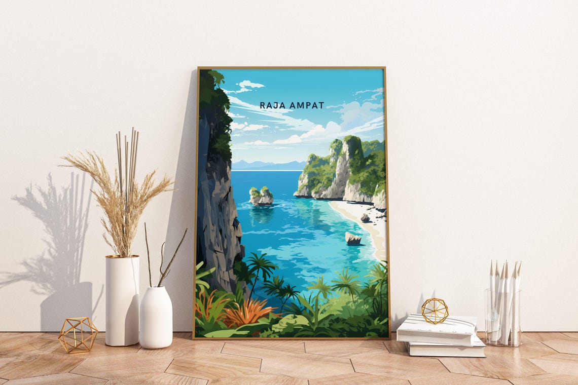Raja Ampat Indonesia Dramatic Turquoise Bay Cliffs Travel Poster