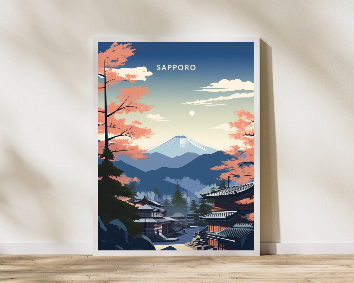 Sapporo Japan Autumn Cherry Blossoms Temple Mountain Scenery Poster