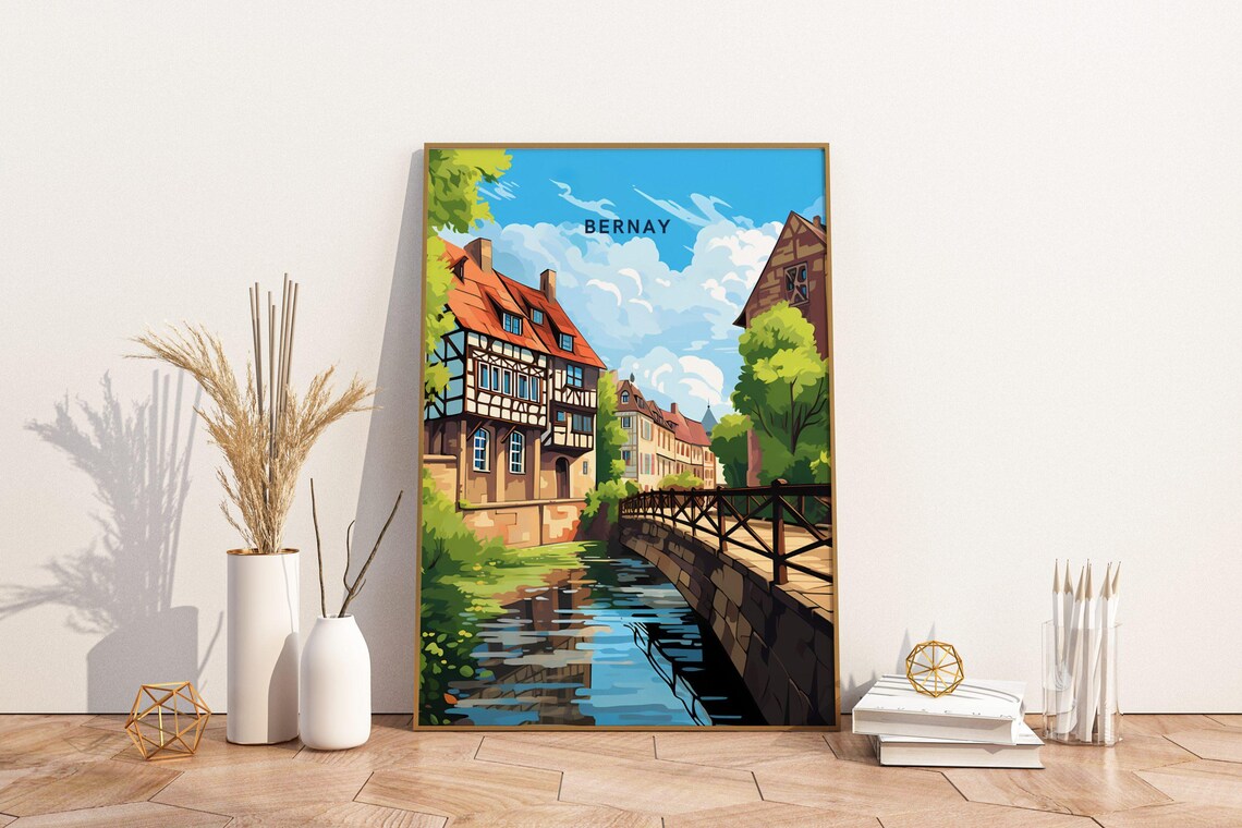 Bernay France Half-Timbered Houses Riverside Vintage Travel Poster