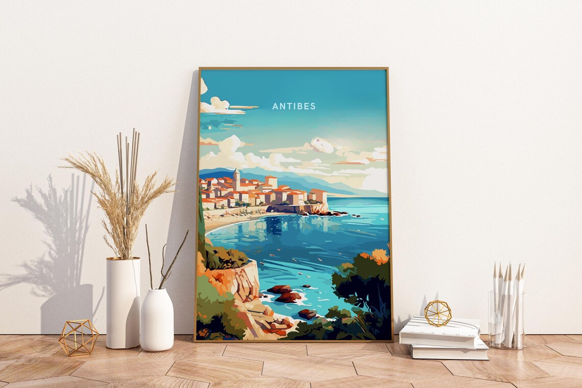 Antibes France Riviera Coast Old Town Blue Bay Vintage Travel Poster