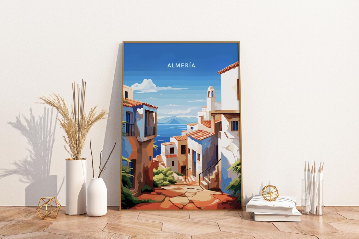 Almeria Spain Coastal Village White Houses Sea View Travel Poster