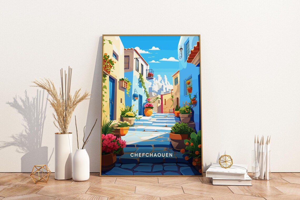 Chefchaouen Morocco Blue Alley Flower Pots Illustration Poster