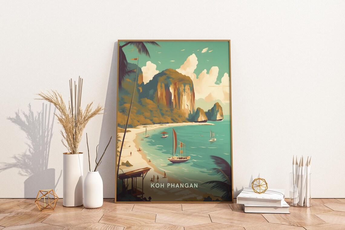 Koh Phangan Thailand Travel Poster Vintage Sailboat Beach Island Scene