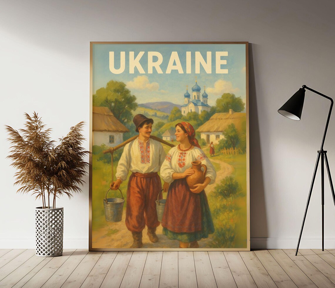 Ukraine Traditional Village Couple Church Domes Vintage Travel Poster
