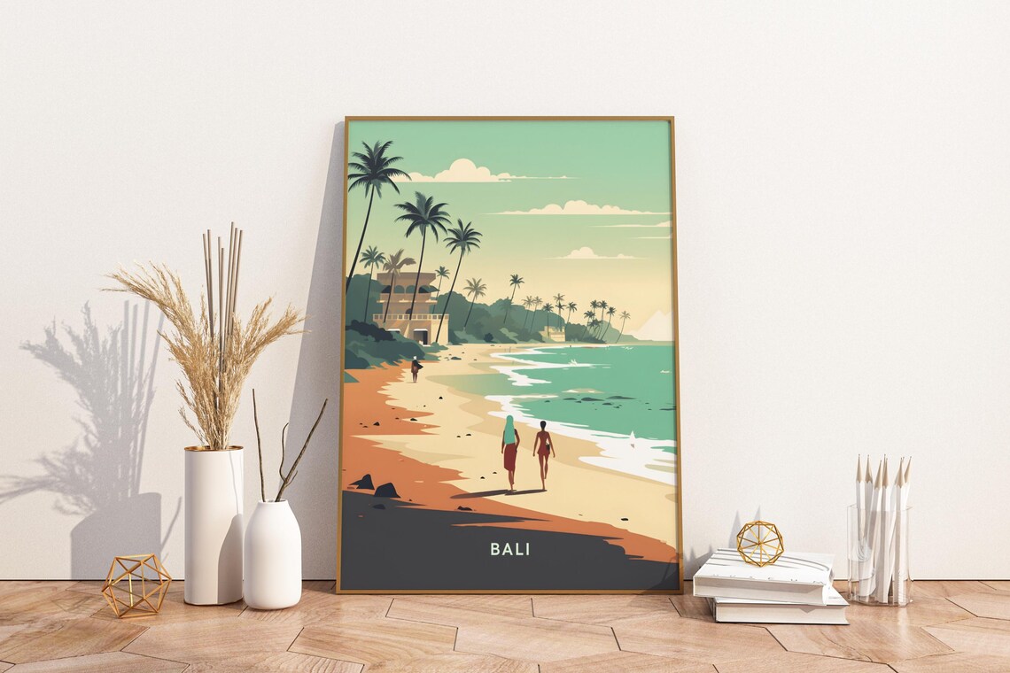 Bali Indonesia Beach Palm Stroll Seaside Walkers Travel Poster