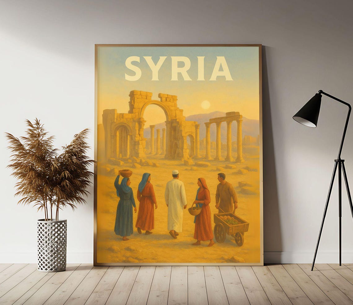 Syria Palmyra Ancient Ruins Golden Sunset Vintage Travel Poster