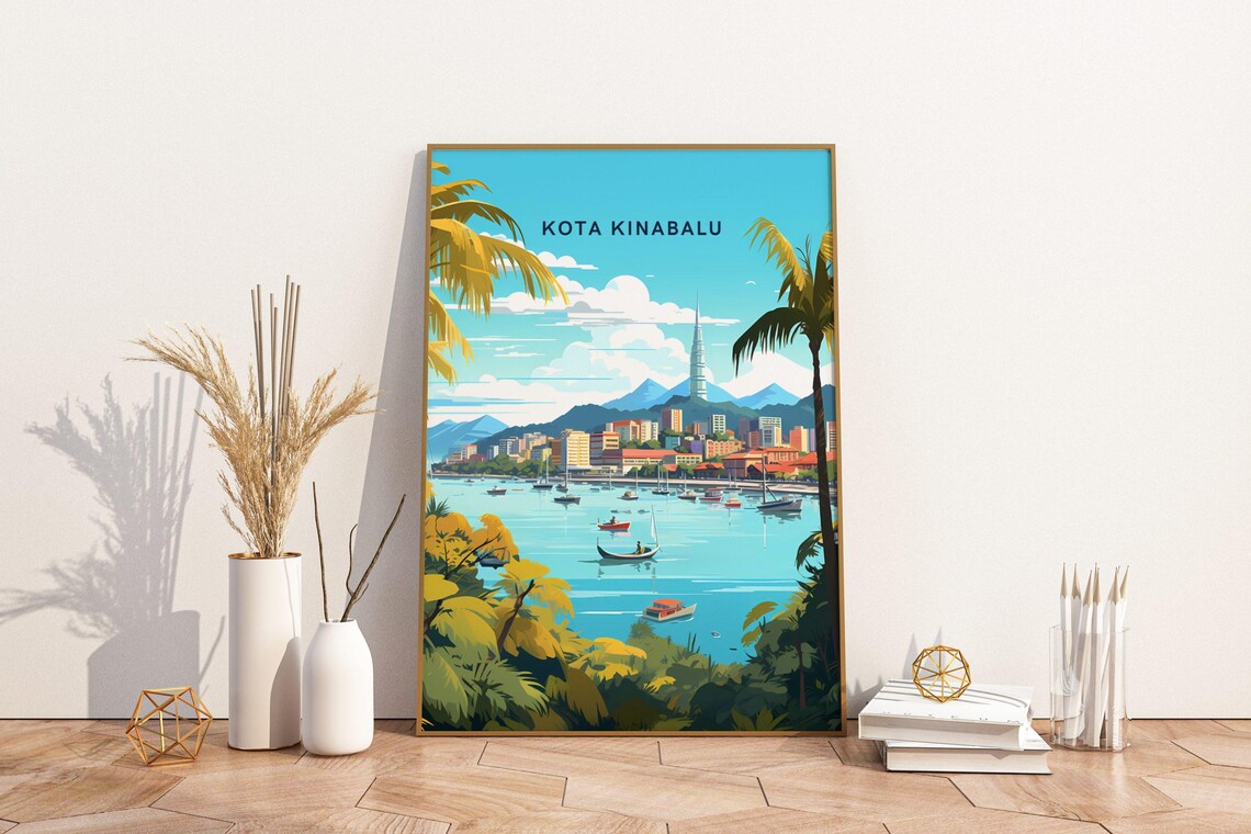 Kota Kinabalu Malaysia Waterfront Travel Poster Mount Kinabalu Art