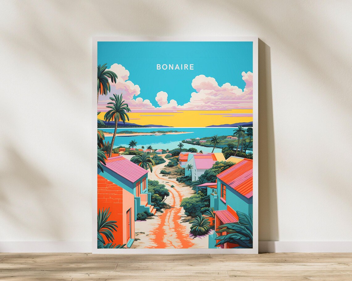 Bonaire Caribbean Coastal Village Palms Turquoise Sea Travel Poster