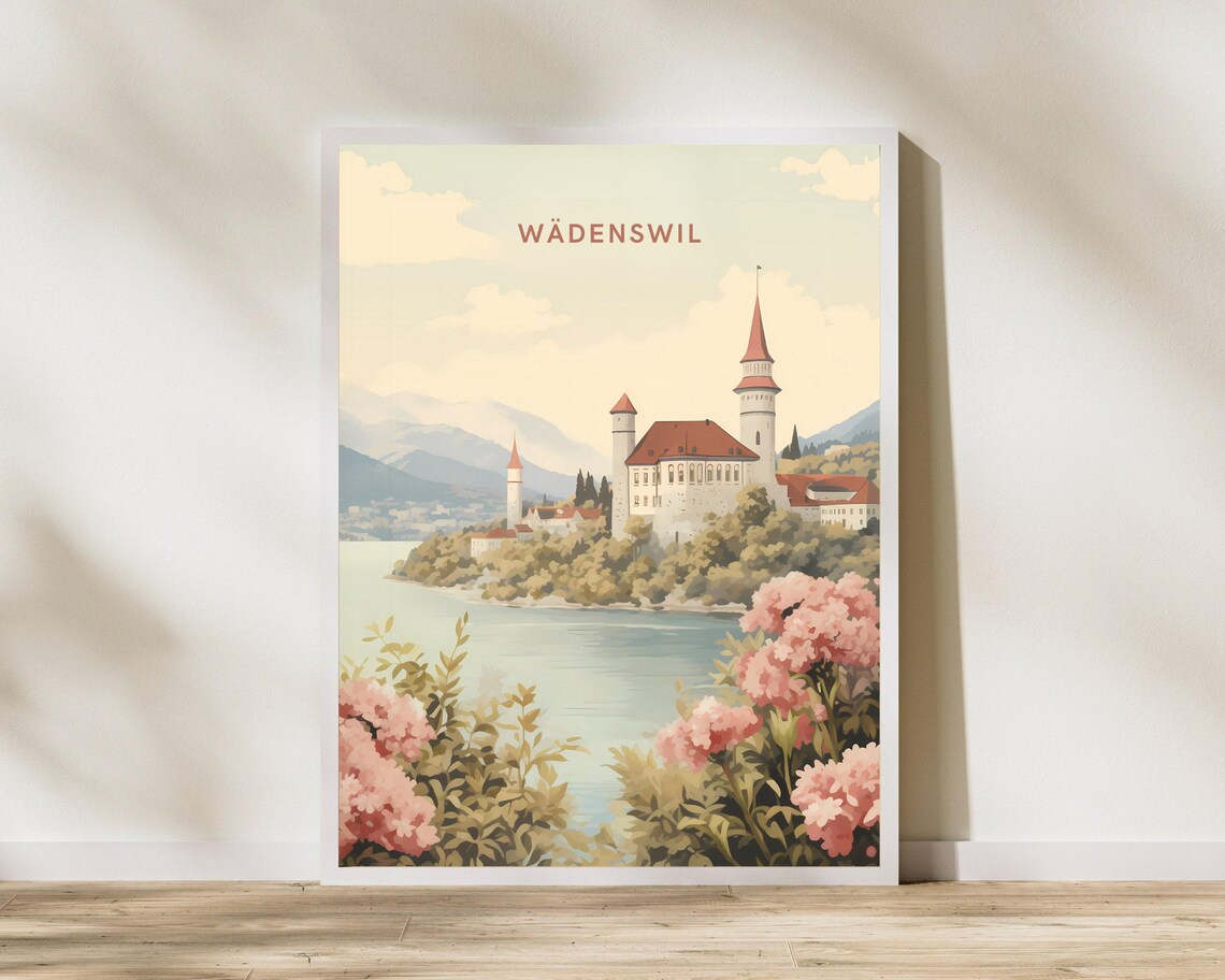 Wadenswil Switzerland Castle Lake Pink Blossom Vintage Travel Poster