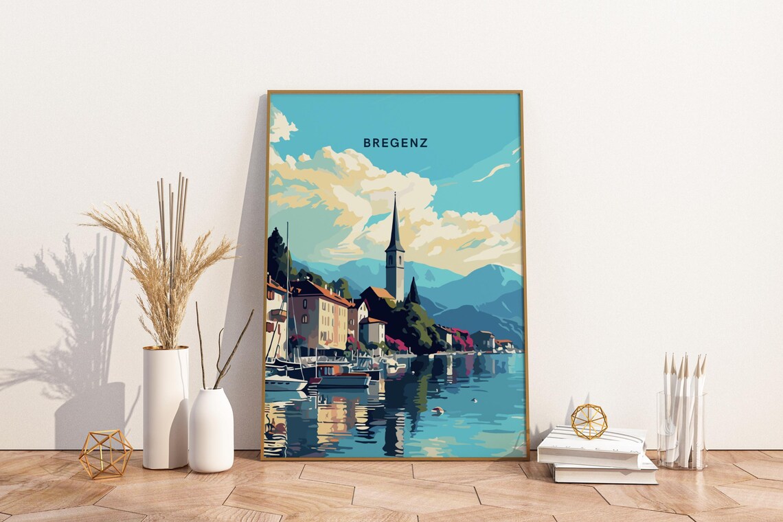 Bregenz Austria Lake Church Mountainside Vintage Travel Poster